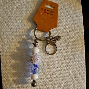 Handmade Beaded Keyfinder Purse Keychain with White and Silver Accents
